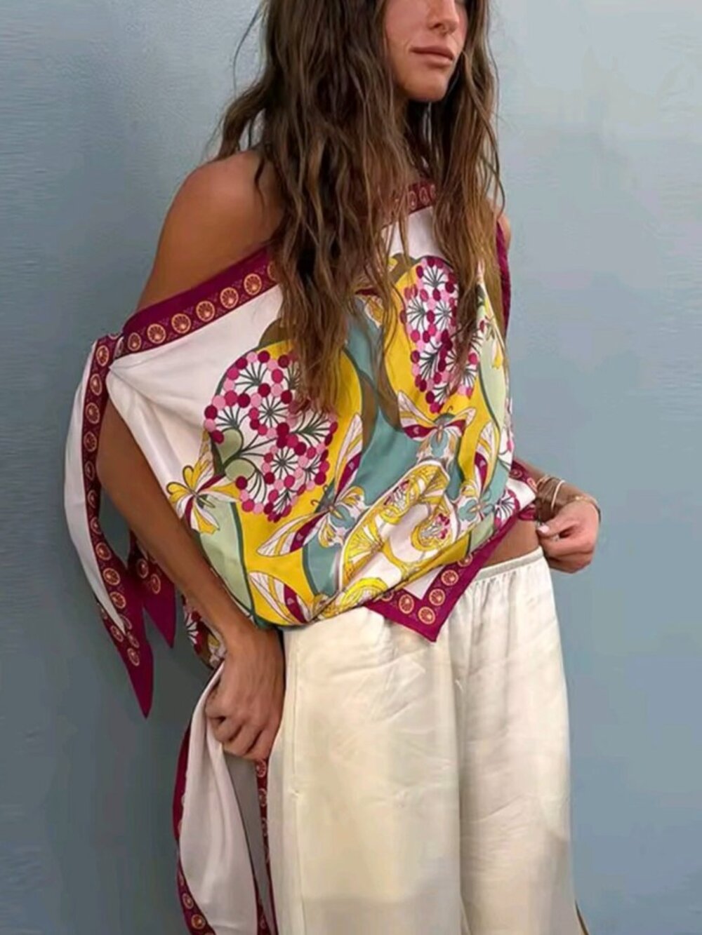 Fashion Women's Floral Printed Vest Skew Collar Sleeveless Lace Up Loose T-shirt
